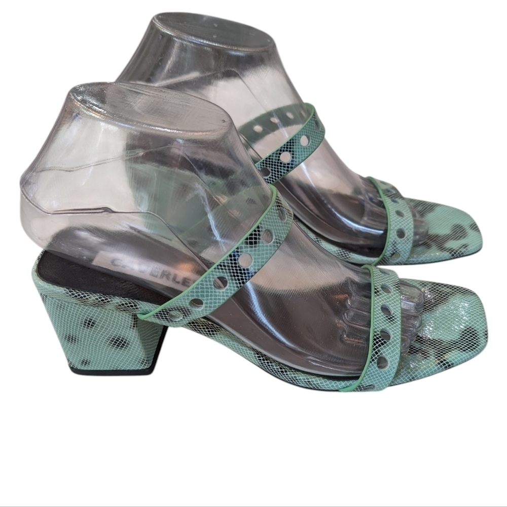 Caverley Slip-On Mule Sandal Green Leather Slide Double Straps Block Heel 37 7